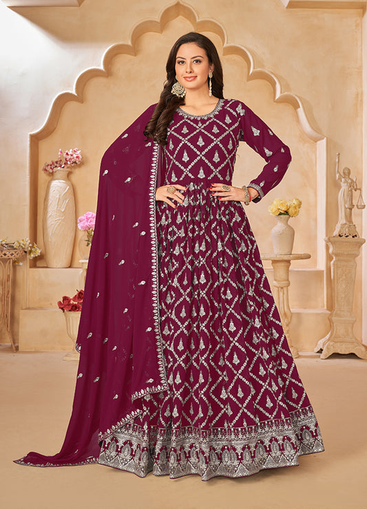 Wine Georgette Embroidered Party Wear Salwar Suit - Monjolika Fashion