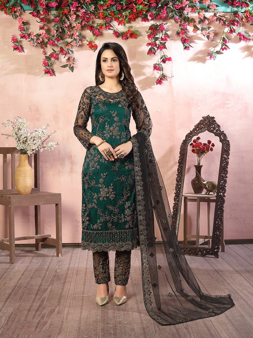 Dark Green Net Embroidered Festival Salwar Kameez - Monjolika Fashion Dark Green Net Embroidered Festival Salwar Kameez - Monjolika Fashion