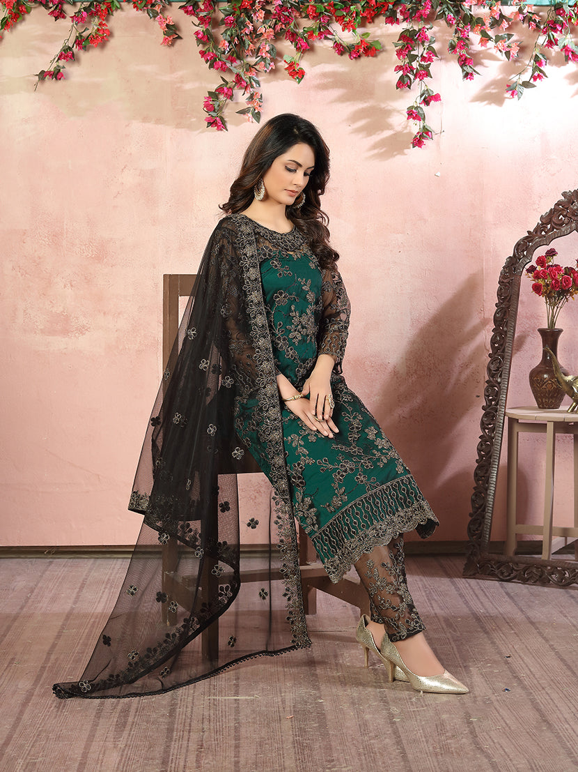 Dark Green Net Embroidered Festival Salwar Kameez - Monjolika Fashion Dark Green Net Embroidered Festival Salwar Kameez - Monjolika Fashion