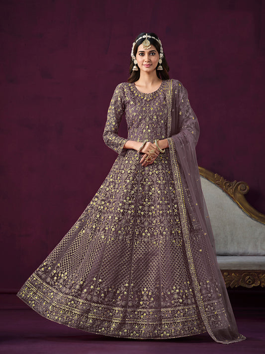 Dark Violet Net Embroidered Designer Salwar Suit - Monjolika Fashion