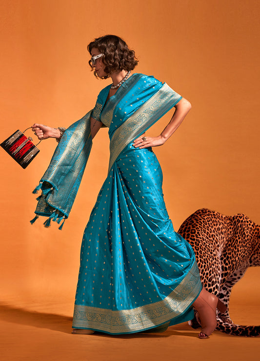 Cyan Blue Rich Banarasi Satin Silk Zari Woven Festival Saree