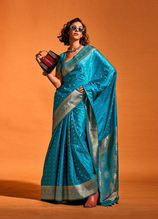 Cyan Blue Rich Banarasi Satin Silk Zari Woven Festival Saree