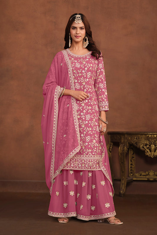 Light Pink Faux Georgette Embelished Salwar Kameez - Monjolika Fashion