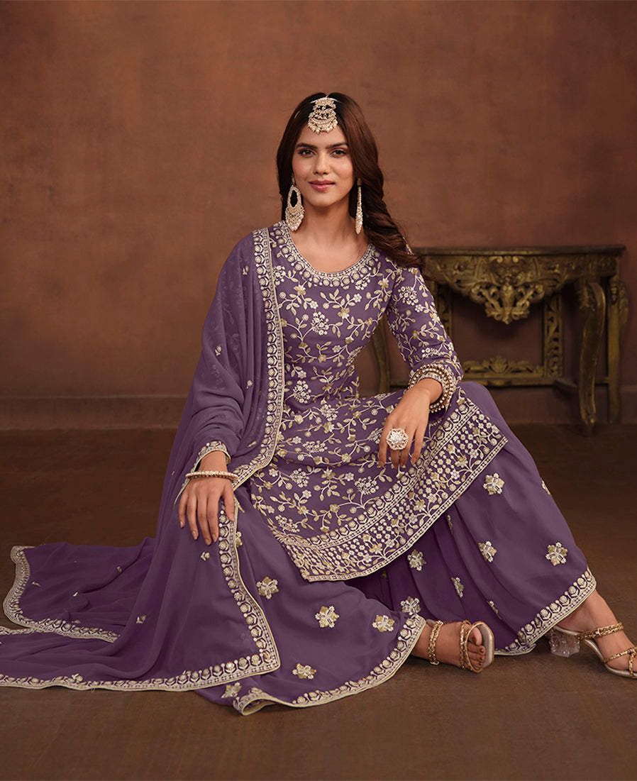 Dark Violet Faux Georgette Embelished Salwar Kameez - Monjolika Fashion Dark Violet Faux Georgette Embelished Salwar Kameez - Monjolika Fashion