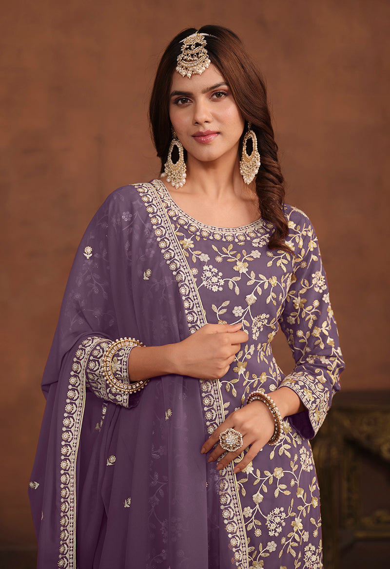 Dark Violet Faux Georgette Embelished Salwar Kameez - Monjolika Fashion Dark Violet Faux Georgette Embelished Salwar Kameez - Monjolika Fashion