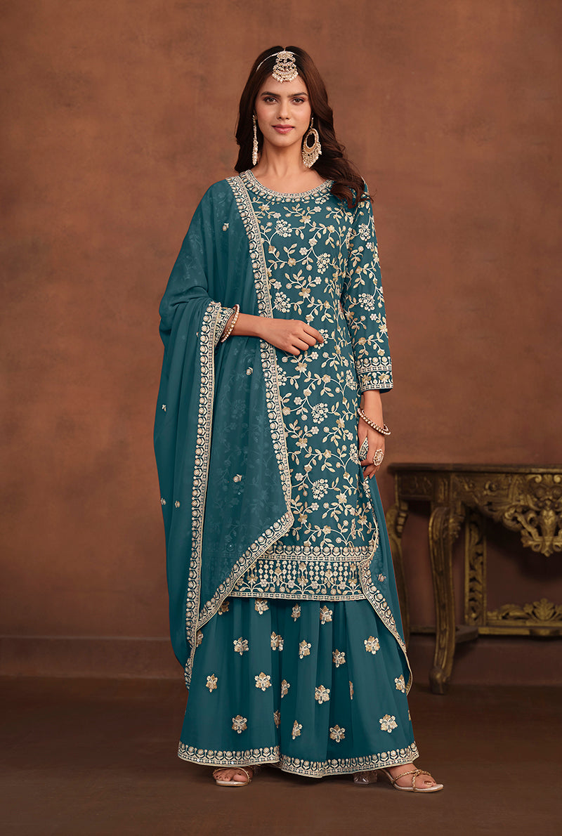 Teal Blue Faux Georgette Embelished Salwar Kameez - Monjolika Fashion Teal Blue Faux Georgette Embelished Salwar Kameez - Monjolika Fashion
