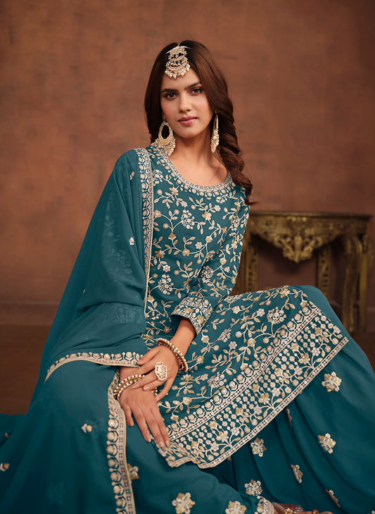 Teal Blue Faux Georgette Embelished Salwar Kameez - Monjolika Fashion