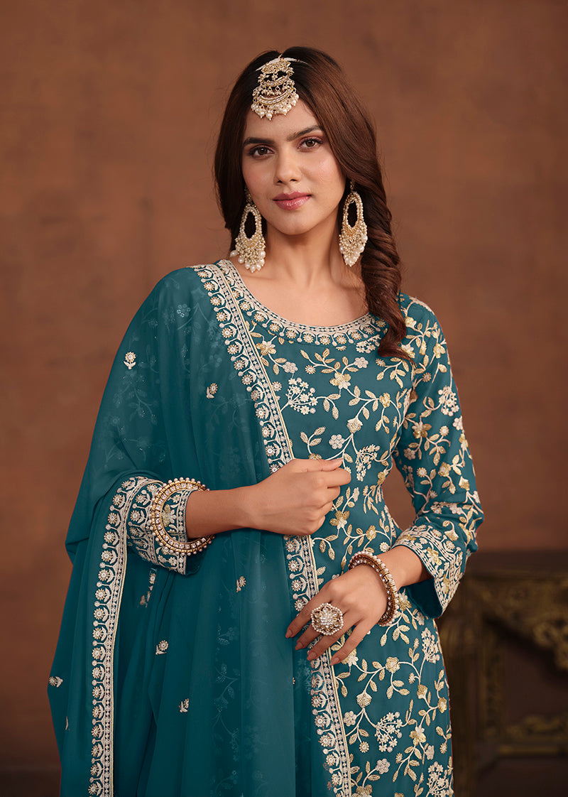 Teal Blue Faux Georgette Embelished Salwar Kameez - Monjolika Fashion Teal Blue Faux Georgette Embelished Salwar Kameez - Monjolika Fashion