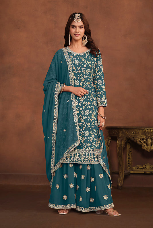 Teal Blue Faux Georgette Embelished Salwar Kameez - Monjolika Fashion