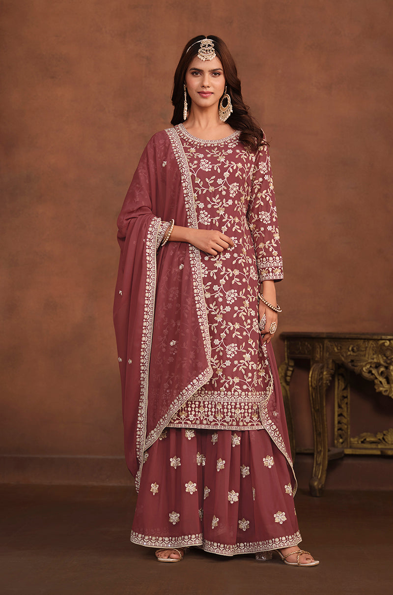 Brown Faux Georgette Embelished Salwar Kameez - Monjolika Fashion Brown Faux Georgette Embelished Salwar Kameez - Monjolika Fashion