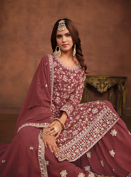 Brown Faux Georgette Embelished Salwar Kameez - Monjolika Fashion