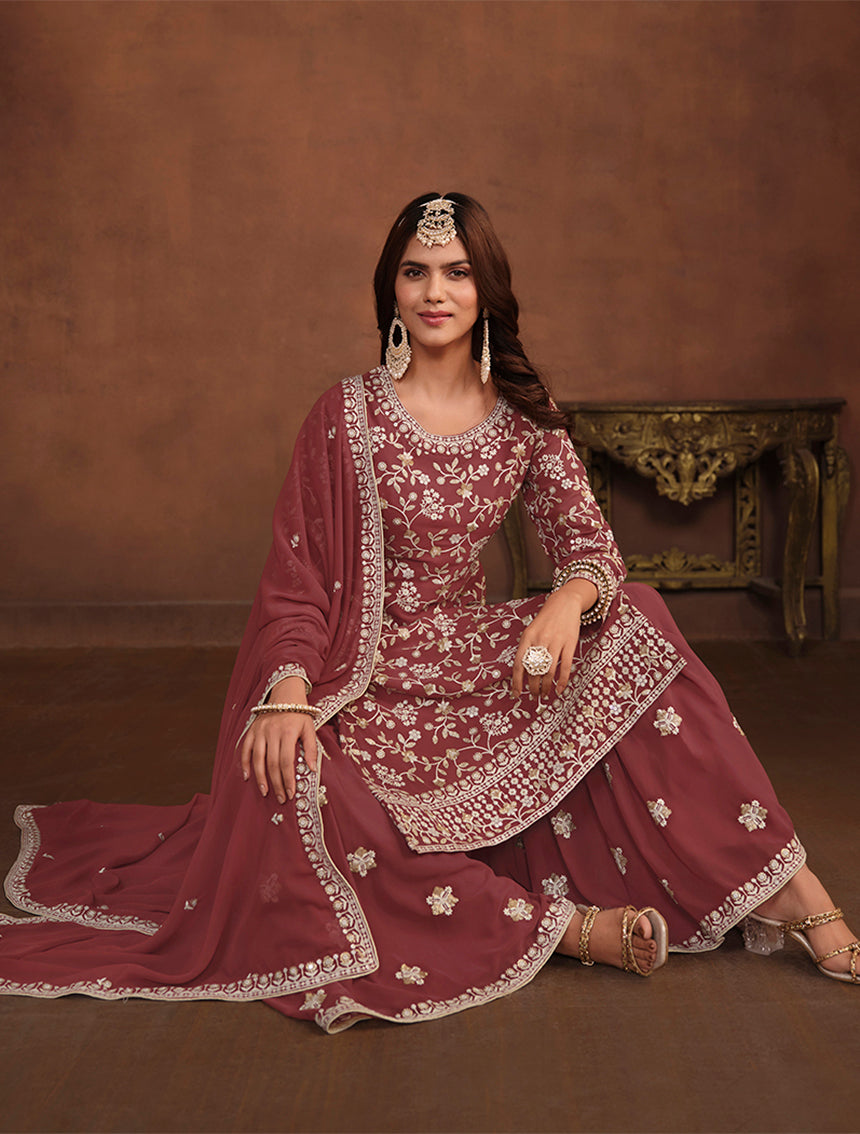 Brown Faux Georgette Embelished Salwar Kameez - Monjolika Fashion Brown Faux Georgette Embelished Salwar Kameez - Monjolika Fashion