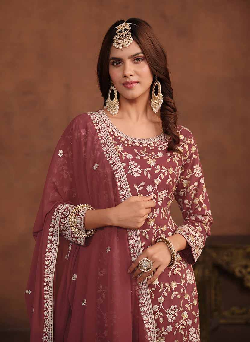 Brown Faux Georgette Embelished Salwar Kameez - Monjolika Fashion Brown Faux Georgette Embelished Salwar Kameez - Monjolika Fashion