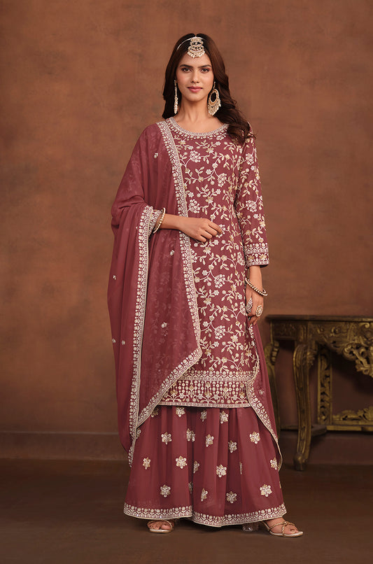 Brown Faux Georgette Embelished Salwar Kameez - Monjolika Fashion