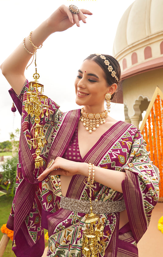 Cream And Dark Purple Patola Silk Printed saree