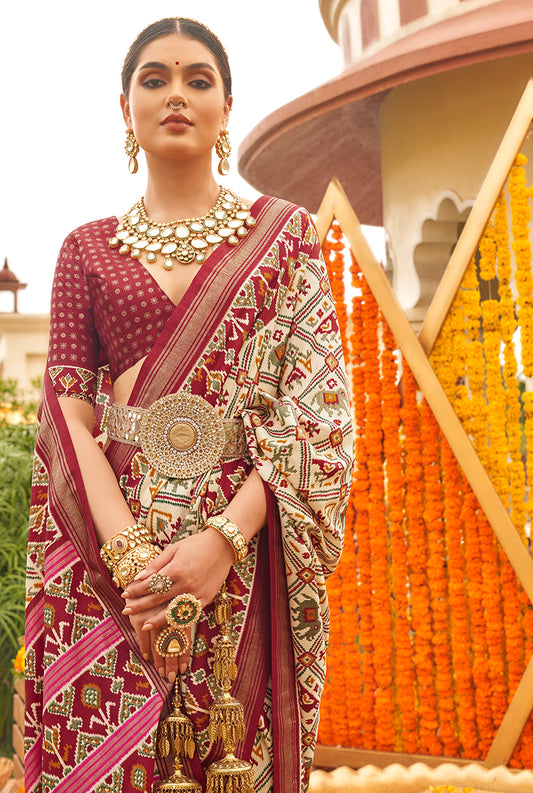 Cream And Maroon Patola Silk Printed saree