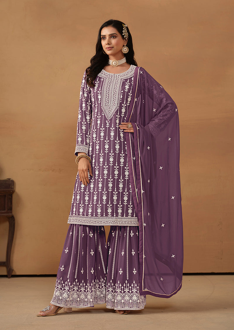 Dark Violet Faux Georgette Embroidered Designer Sharara Suit - Monjolika Fashion Dark Violet Faux Georgette Embroidered Designer Sharara Suit - Monjolika Fashion