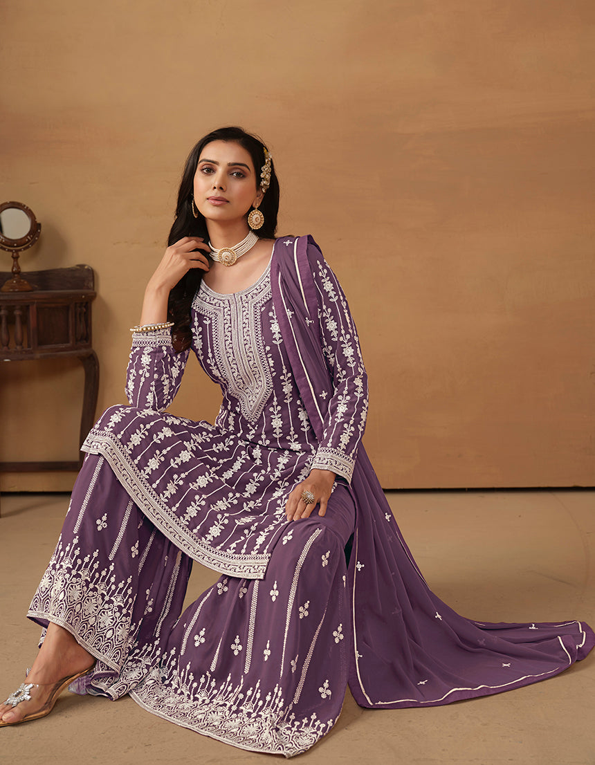 Dark Violet Faux Georgette Embroidered Designer Sharara Suit - Monjolika Fashion Dark Violet Faux Georgette Embroidered Designer Sharara Suit - Monjolika Fashion
