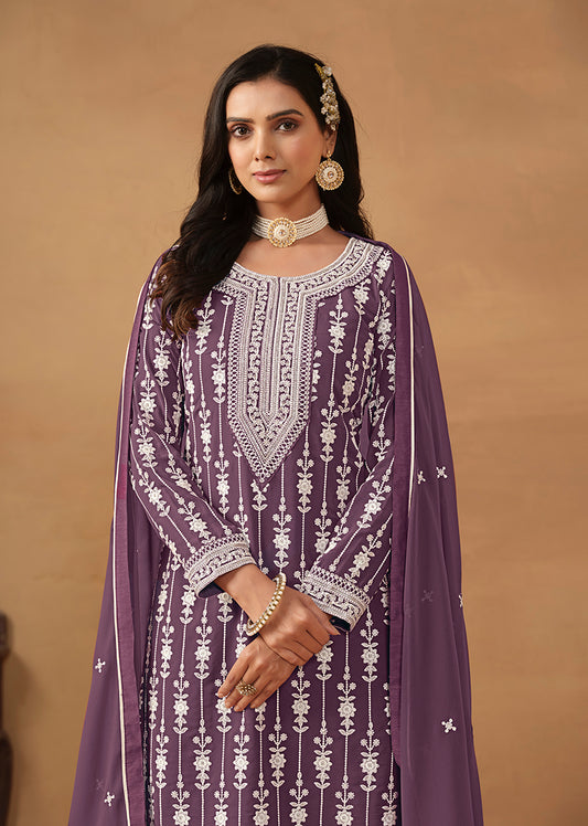 Dark Violet Faux Georgette Embroidered Designer Sharara Suit - Monjolika Fashion