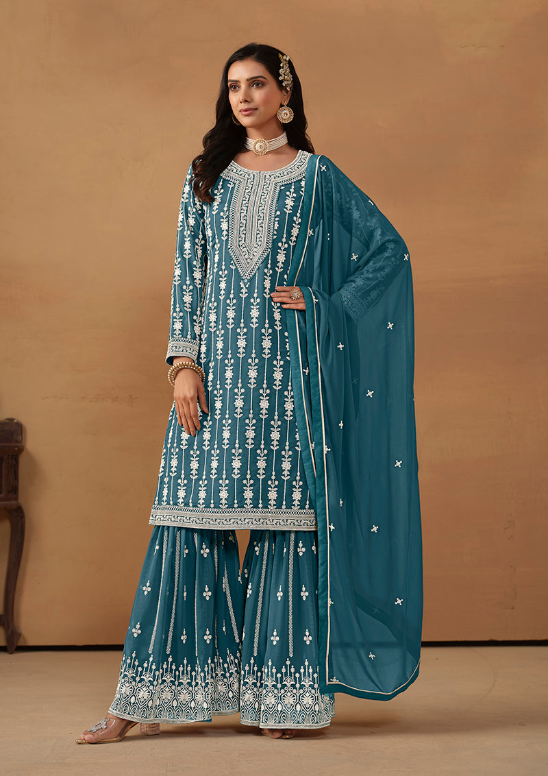 Teal Blue Faux Georgette Embroidered Designer Sharara Suit - Monjolika Fashion Teal Blue Faux Georgette Embroidered Designer Sharara Suit - Monjolika Fashion