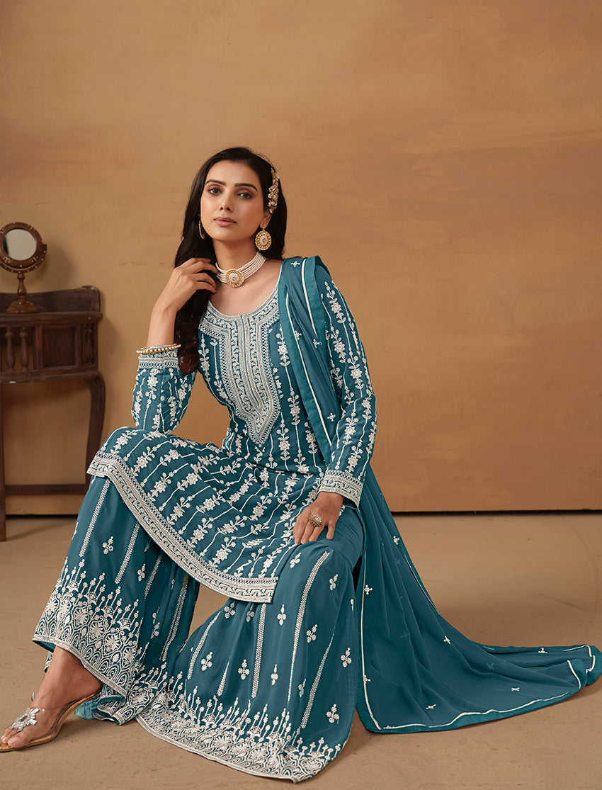 Teal Blue Faux Georgette Embroidered Designer Sharara Suit - Monjolika Fashion Teal Blue Faux Georgette Embroidered Designer Sharara Suit - Monjolika Fashion