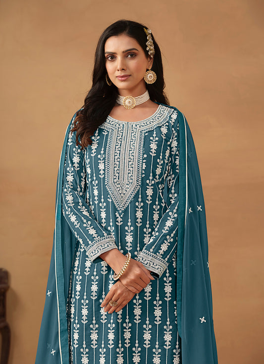 Teal Blue Faux Georgette Embroidered Designer Sharara Suit - Monjolika Fashion
