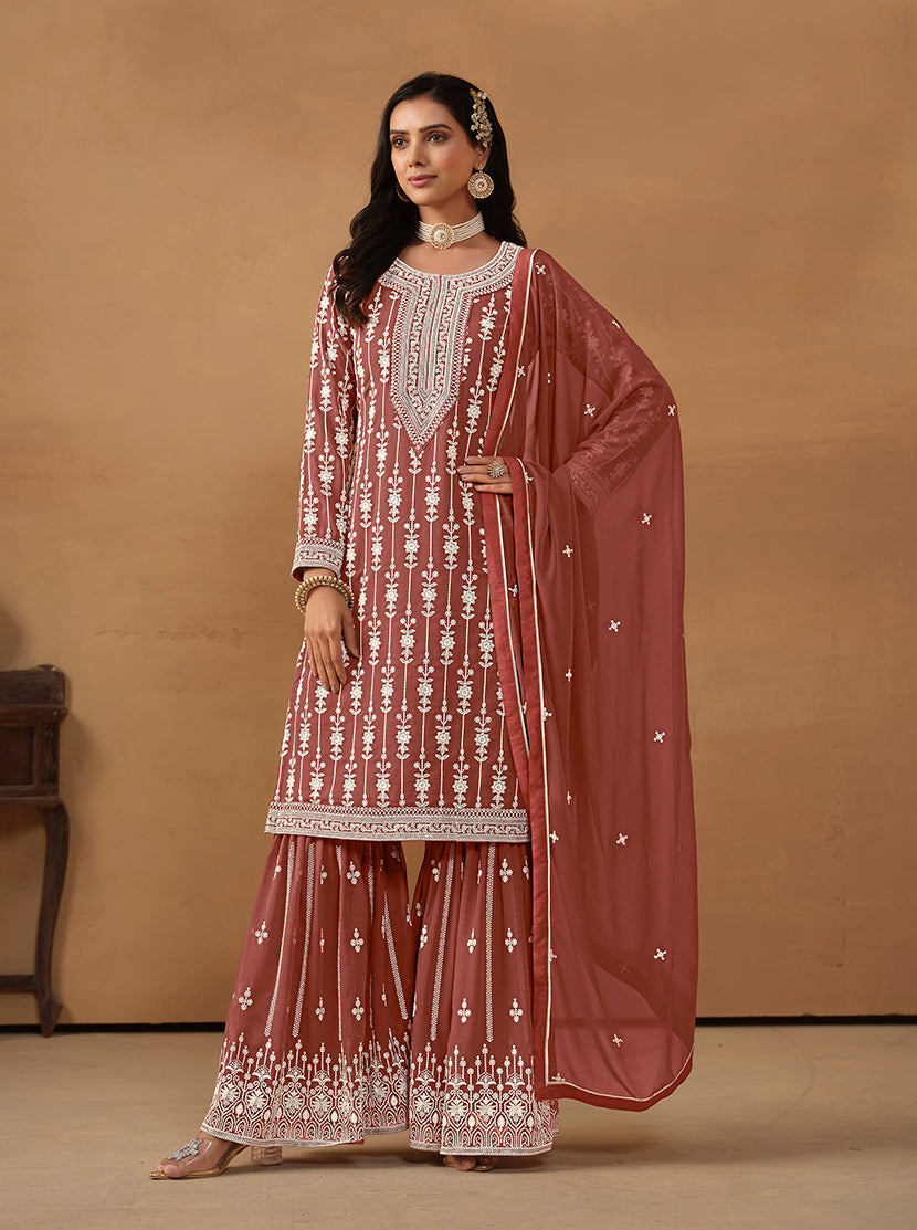Dark Rust Faux Georgette Embroidered Designer Sharara Suit - Monjolika Fashion Dark Rust Faux Georgette Embroidered Designer Sharara Suit - Monjolika Fashion