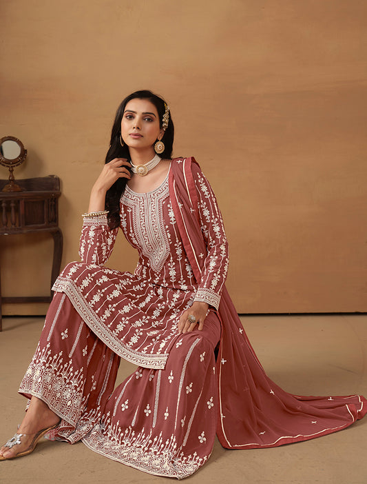 Dark Rust Faux Georgette Embroidered Designer Sharara Suit - Monjolika Fashion