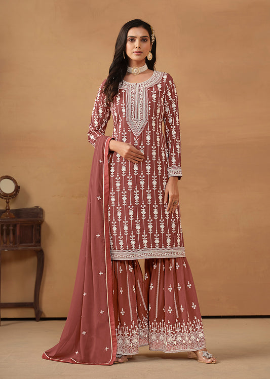 Dark Rust Faux Georgette Embroidered Designer Sharara Suit - Monjolika Fashion