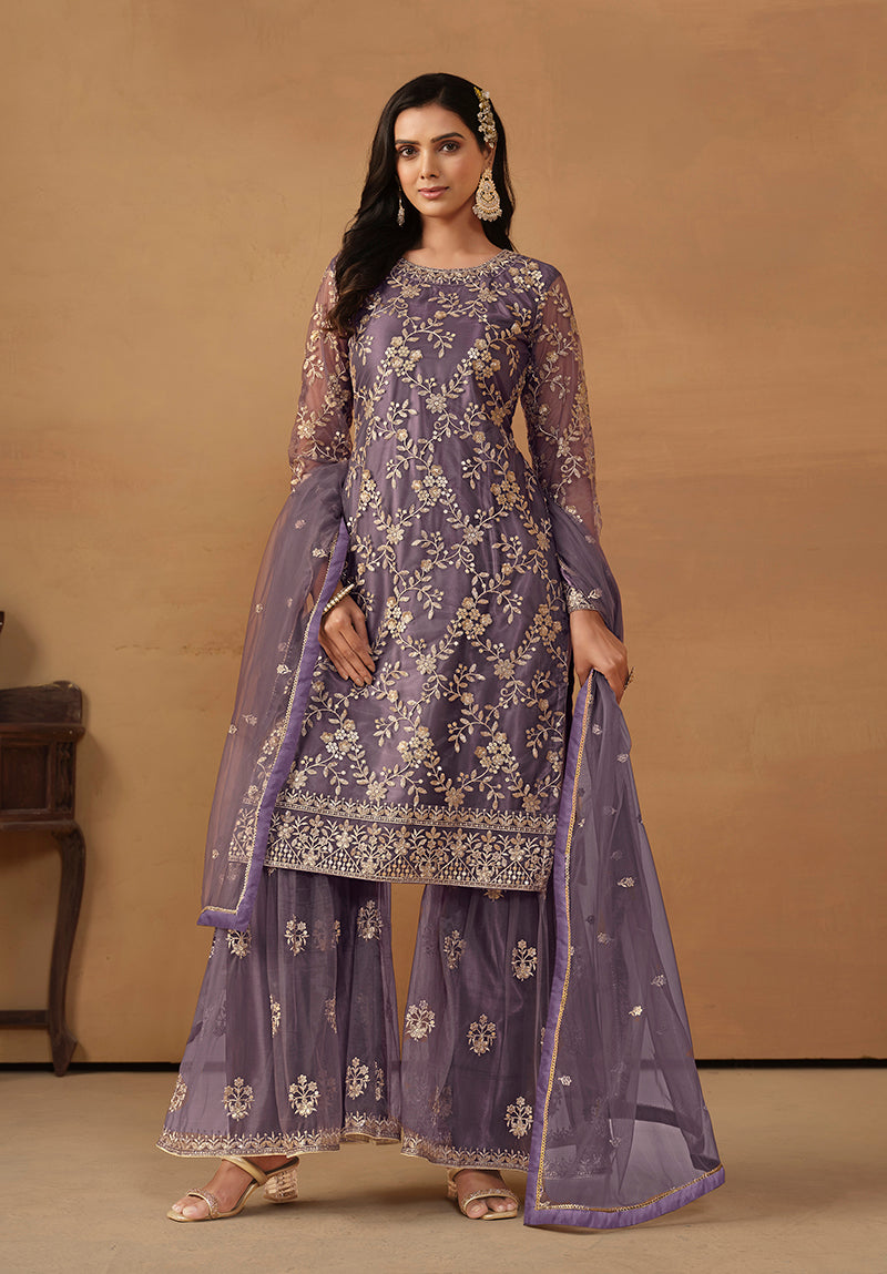 Dark Violet Net Embroidered Trendy Sharara Suit - Monjolika Fashion Dark Violet Net Embroidered Trendy Sharara Suit - Monjolika Fashion