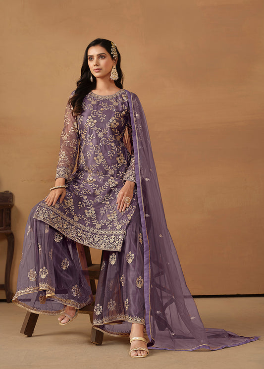Dark Violet Net Embroidered Trendy Sharara Suit - Monjolika Fashion