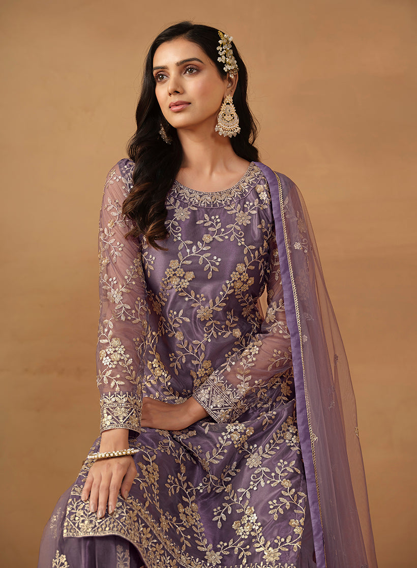 Dark Violet Net Embroidered Trendy Sharara Suit - Monjolika Fashion Dark Violet Net Embroidered Trendy Sharara Suit - Monjolika Fashion