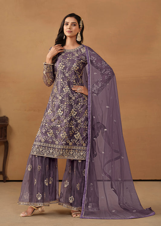 Dark Violet Net Embroidered Trendy Sharara Suit - Monjolika Fashion