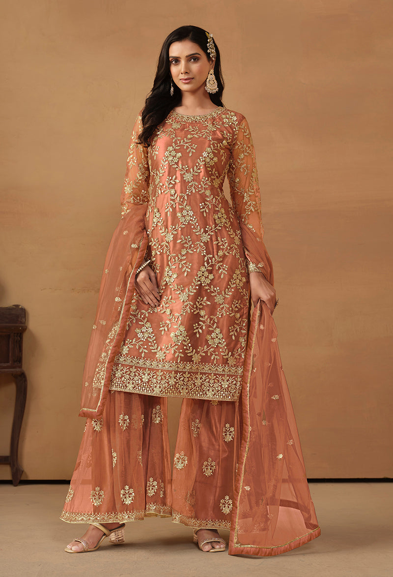 Rust Net Embroidered Trendy Sharara Suit - Monjolika Fashion Rust Net Embroidered Trendy Sharara Suit - Monjolika Fashion