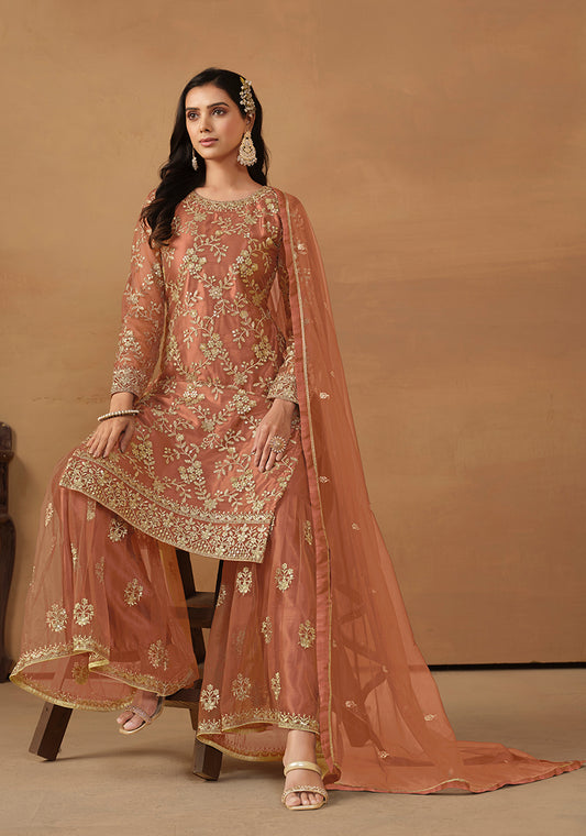 Rust Net Embroidered Trendy Sharara Suit - Monjolika Fashion