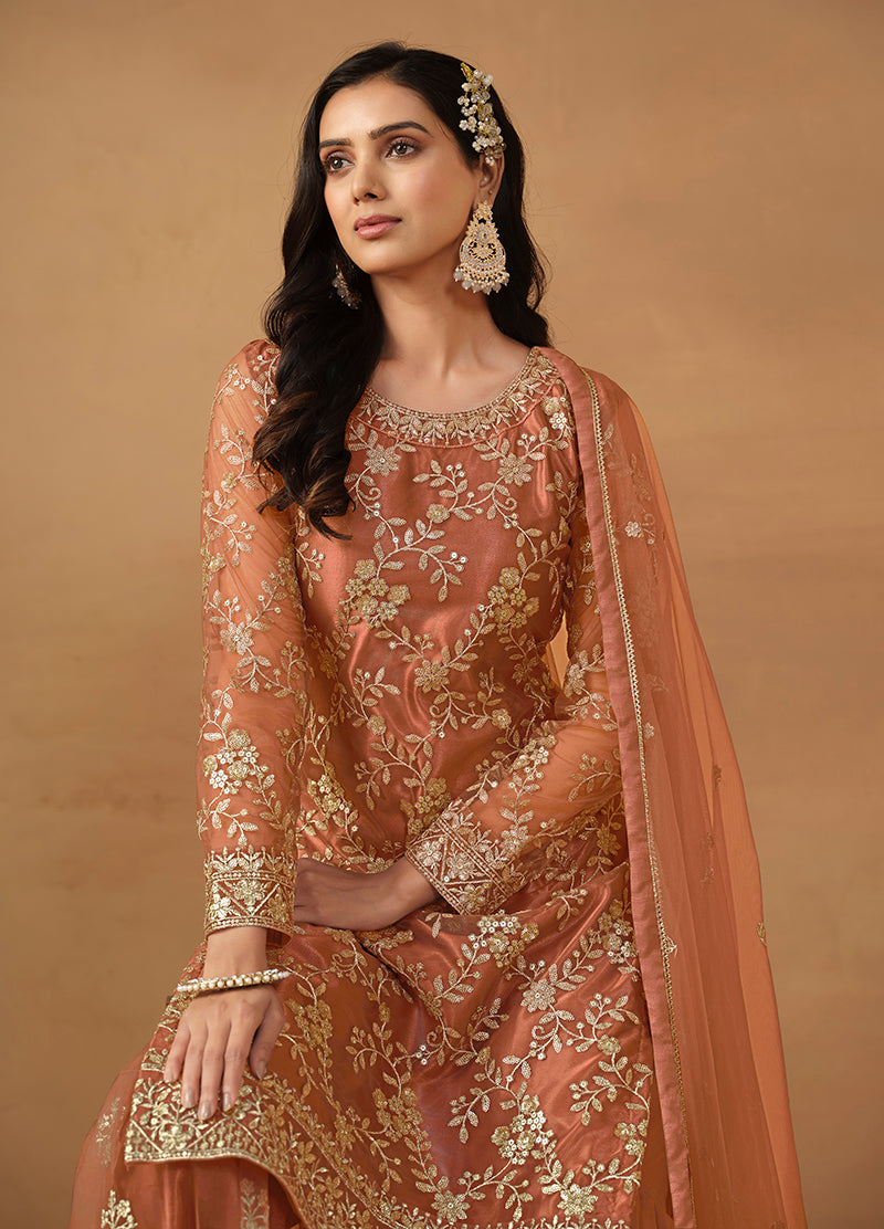 Rust Net Embroidered Trendy Sharara Suit - Monjolika Fashion Rust Net Embroidered Trendy Sharara Suit - Monjolika Fashion