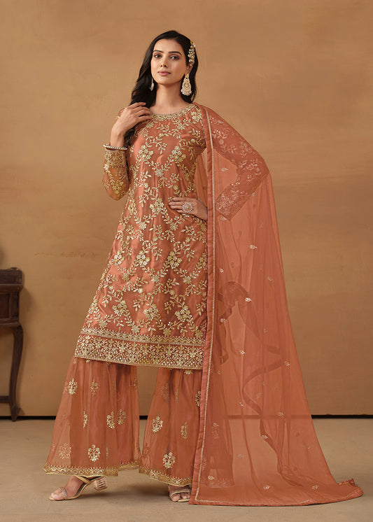 Rust Net Embroidered Trendy Sharara Suit - Monjolika Fashion