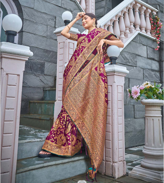 Purple Banarasi Silk Blend Jacquard Woven Designer Saree