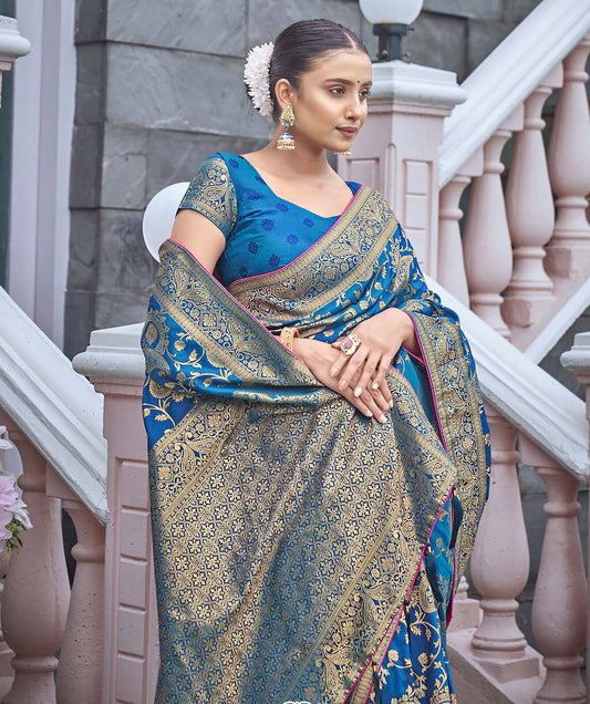 Turquoise Banarasi Silk Blend Zari Woven Designer Saree