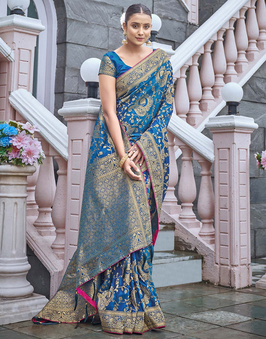 Turquoise Banarasi Silk Blend Zari Woven Designer Saree
