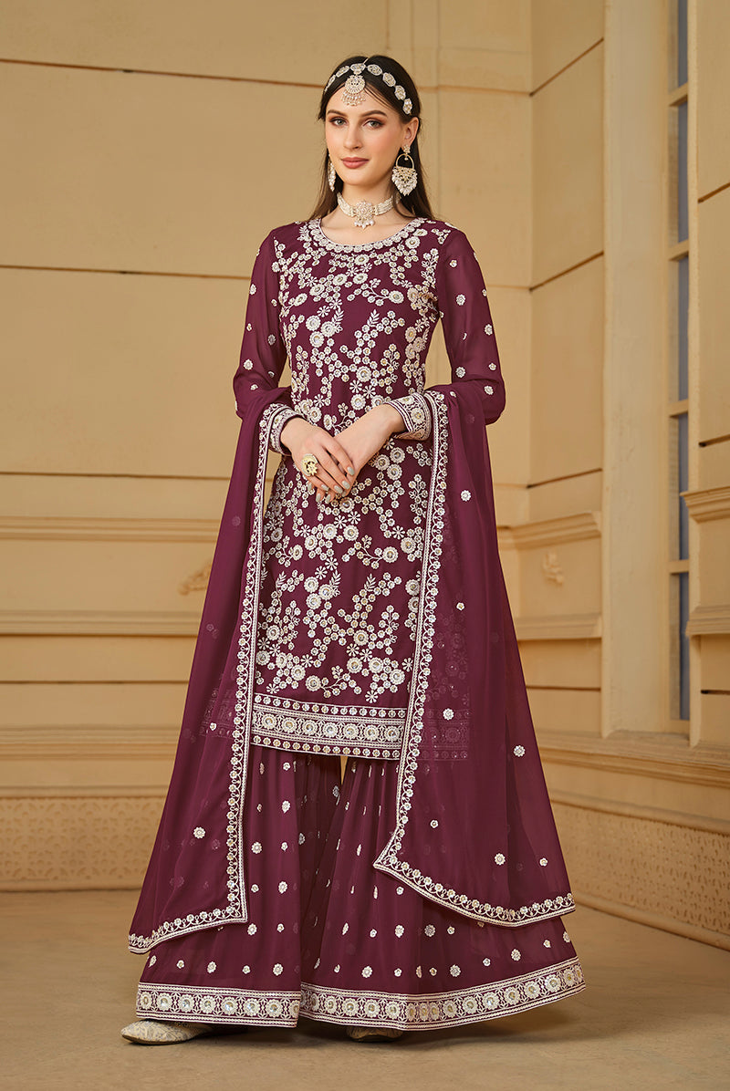 Wine Faux Georgette Embroidered Sharara Suit - Monjolika Fashion Wine Faux Georgette Embroidered Sharara Suit - Monjolika Fashion
