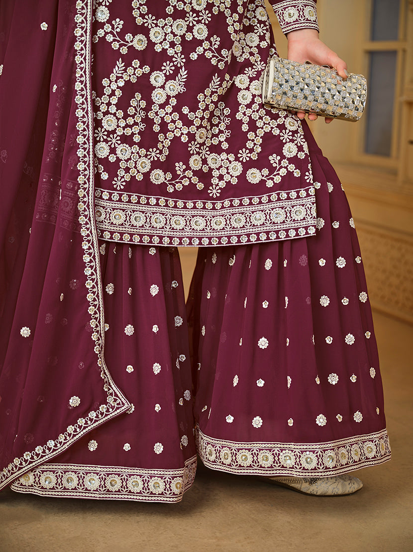 Wine Faux Georgette Embroidered Sharara Suit - Monjolika Fashion Wine Faux Georgette Embroidered Sharara Suit - Monjolika Fashion