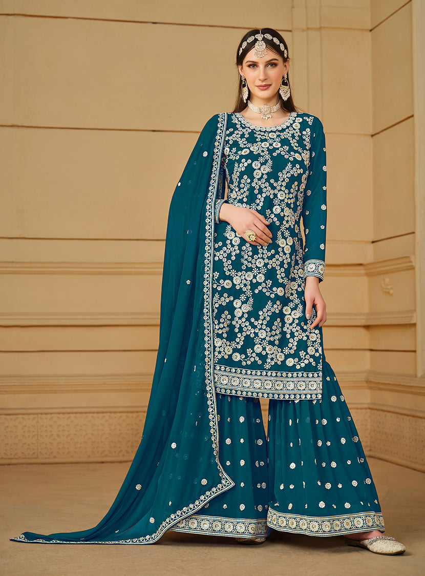 Dark Blue Faux Georgette Embroidered Sharara Suit - Monjolika Fashion Dark Blue Faux Georgette Embroidered Sharara Suit - Monjolika Fashion