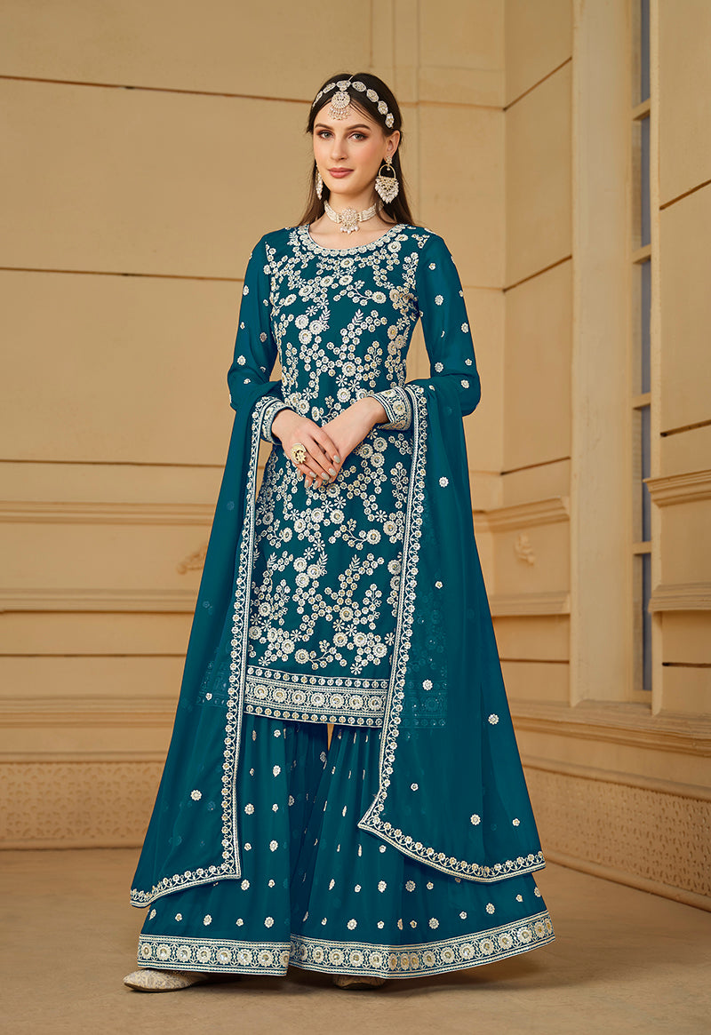 Dark Blue Faux Georgette Embroidered Sharara Suit - Monjolika Fashion Dark Blue Faux Georgette Embroidered Sharara Suit - Monjolika Fashion