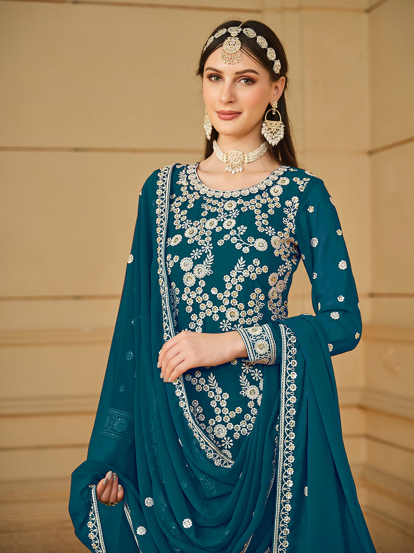 Dark Blue Faux Georgette Embroidered Sharara Suit - Monjolika Fashion Dark Blue Faux Georgette Embroidered Sharara Suit - Monjolika Fashion