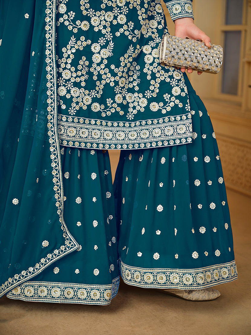 Dark Blue Faux Georgette Embroidered Sharara Suit - Monjolika Fashion Dark Blue Faux Georgette Embroidered Sharara Suit - Monjolika Fashion