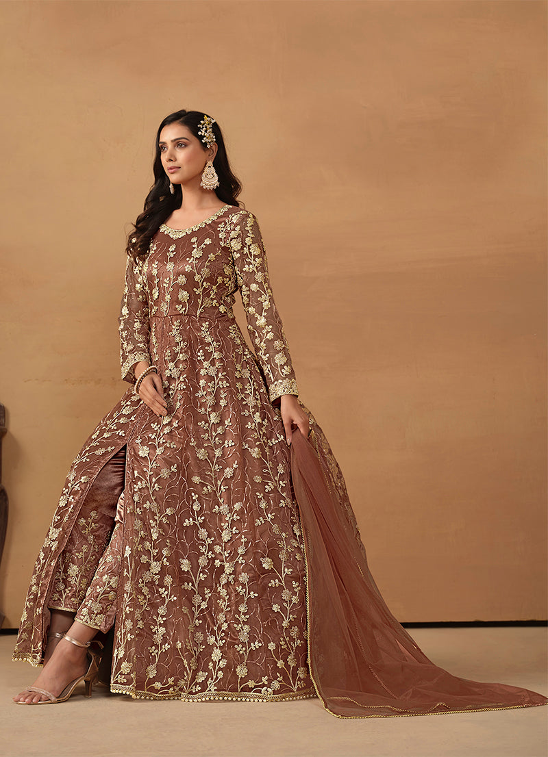 Brown Net Embroidered Indo-western Suit - Monjolika Fashion Brown Net Embroidered Indo-western Suit - Monjolika Fashion