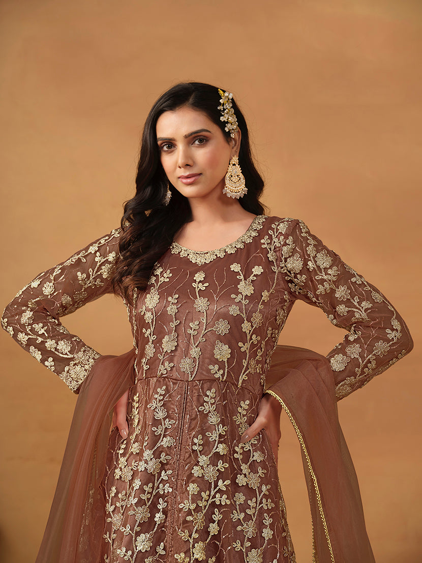 Brown Net Embroidered Indo-western Suit - Monjolika Fashion Brown Net Embroidered Indo-western Suit - Monjolika Fashion