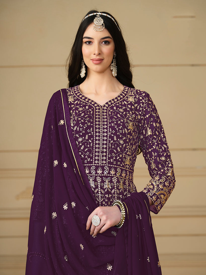 Purple Faux Georgette Embroidered Anarkali Salwar Suit - Monjolika Fashion Purple Faux Georgette Embroidered Anarkali Salwar Suit - Monjolika Fashion