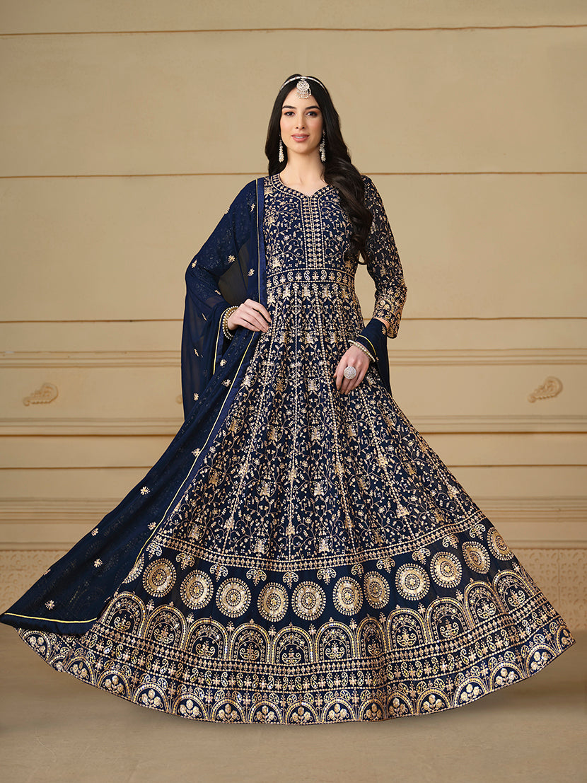 Navy Blue Faux Georgette Embroidered Anarkali Salwar Suit - Monjolika Fashion Navy Blue Faux Georgette Embroidered Anarkali Salwar Suit - Monjolika Fashion